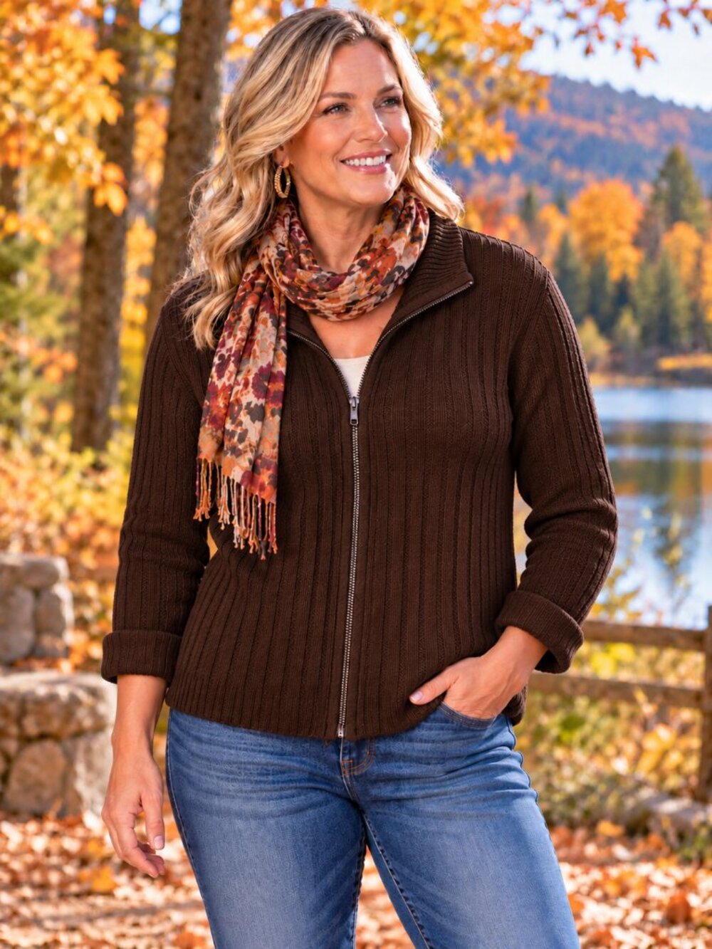 COLORADO CLOTHING Sweater Zip-Up Ribbed Rolled Cuffs Chocolate Brown NWOT XL